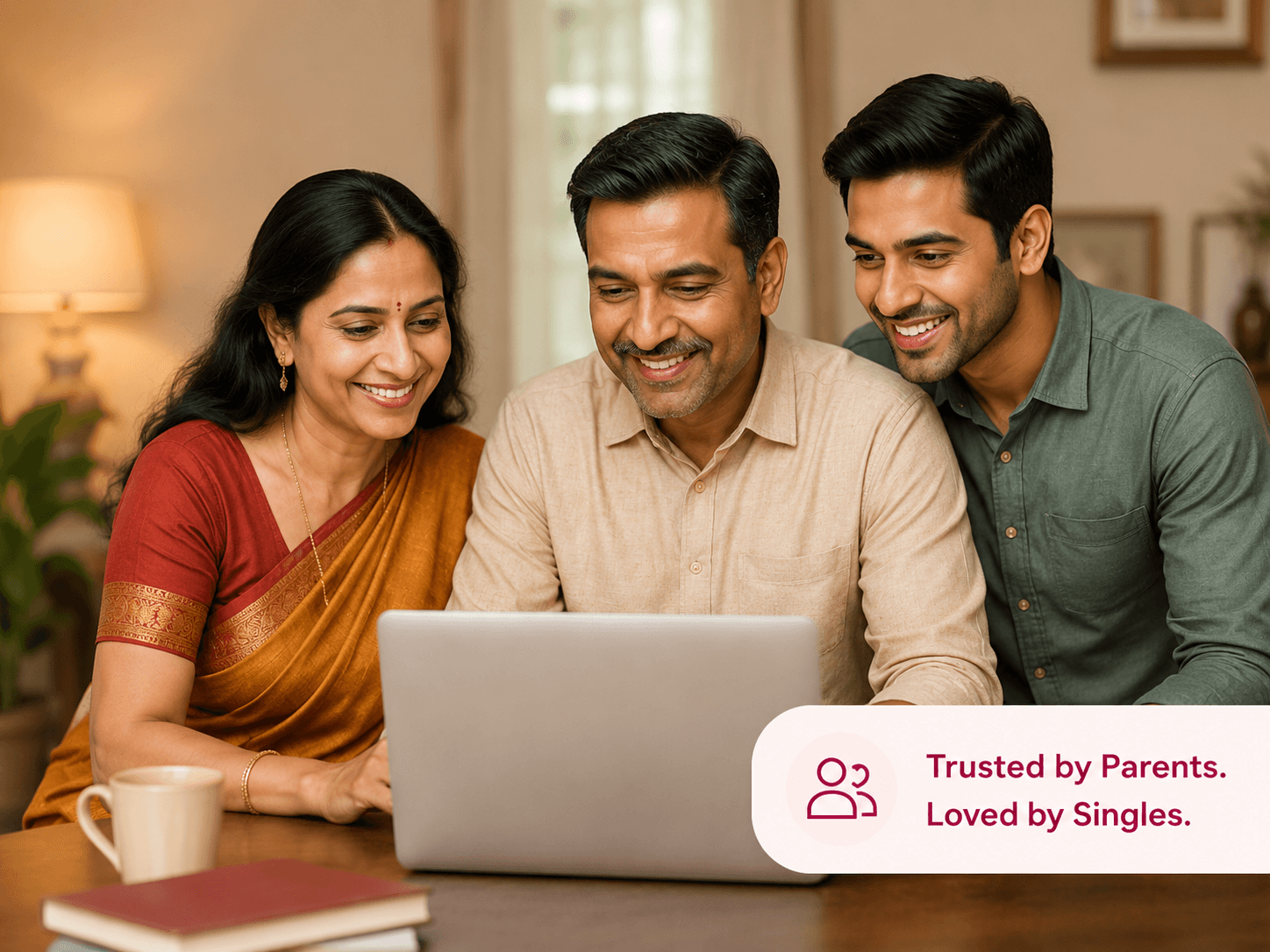 Parents and their adult son exploring matches together on a laptop